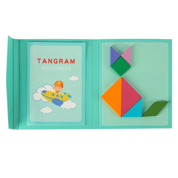 Mágneses tangram könyv fa elemekkel, 96 mintával – Montessori 3D kirakó