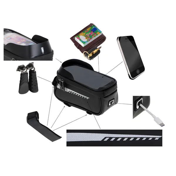 Vízálló kerékpáros váztáska telefontartóval, érintőképernyős ablak, fekete