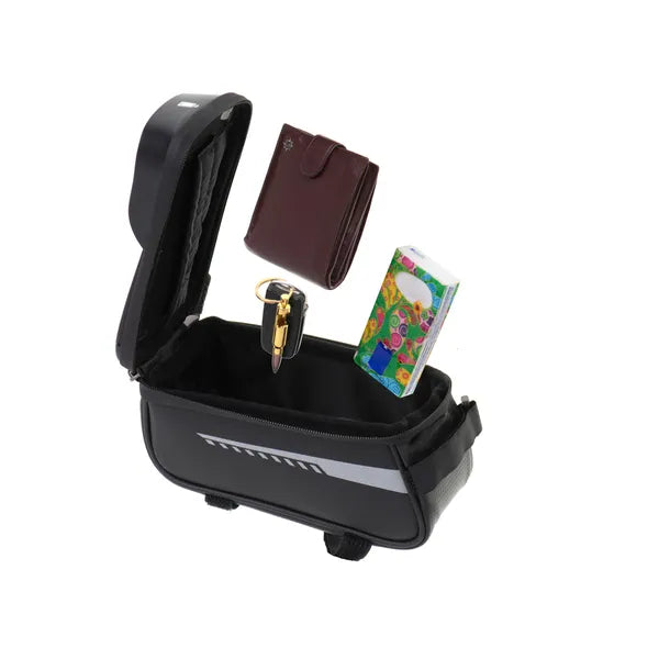 Vízálló kerékpáros váztáska telefontartóval, érintőképernyős ablak, fekete