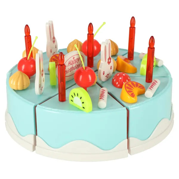 Szeletelhető szülinapi torta játékkészlet, 75 db, kék, 14 cm