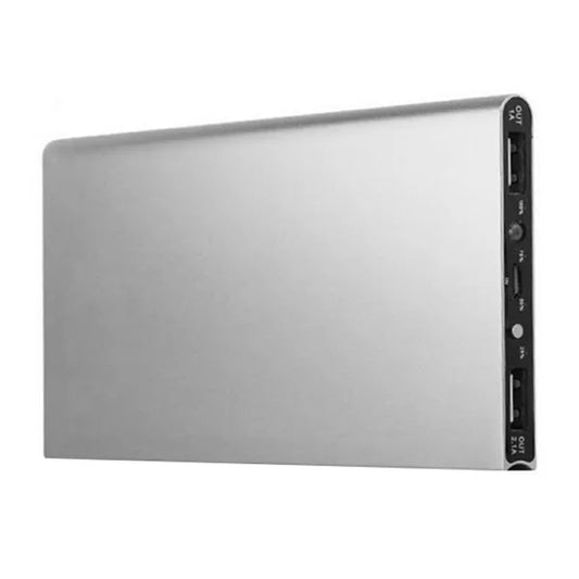20000 mAh vékony alumínium powerbank, ezüst, 2x USB, LED lámpa