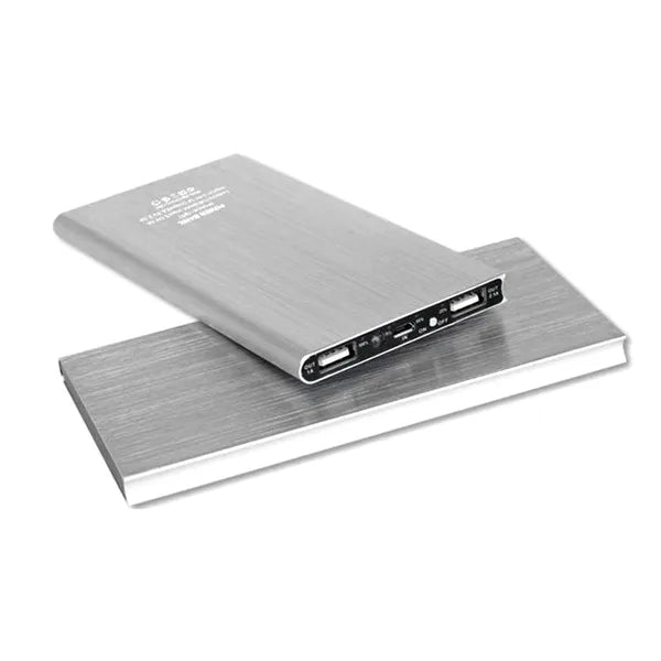 20000 mAh vékony alumínium powerbank, ezüst, 2x USB, LED lámpa