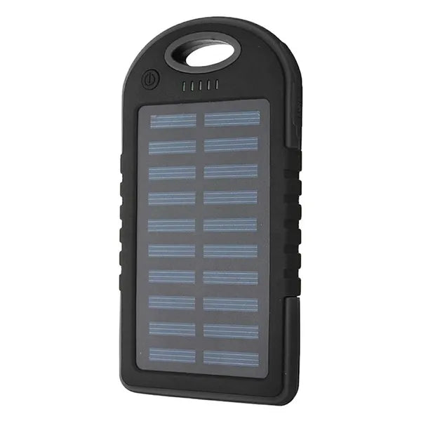 Fekete 5000 mAh napelemes powerbank, LED zseblámpával, 2×USB, vízálló