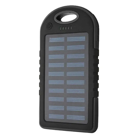 Fekete 5000 mAh napelemes powerbank, LED zseblámpával, 2×USB, vízálló