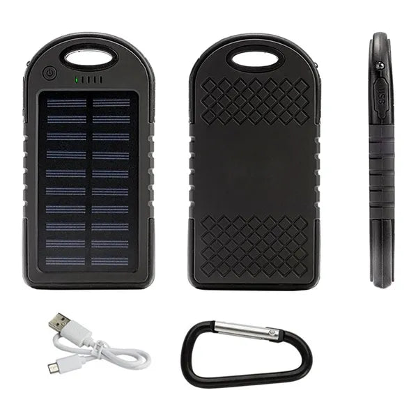 Fekete 5000 mAh napelemes powerbank, LED zseblámpával, 2×USB, vízálló