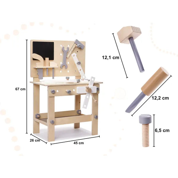 Fa gyerek munkapad szerszámkészlettel, 67 cm magas, 25 részes