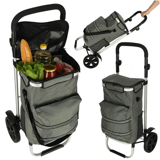 Szürke alumínium bevásárlókocsi hőszigetelt zsebbel, 40 l, 100 cm