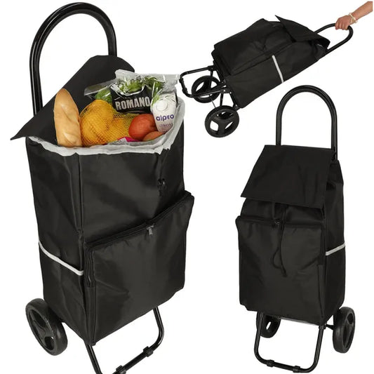 Fekete bevásárlókocsi táskával, 34 l, hőtartó zseb, 95 cm