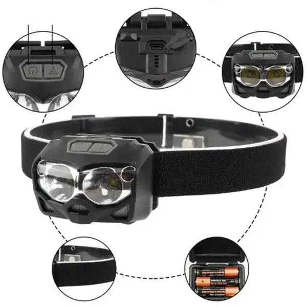 Vízálló LED fejlámpa beépített akkumulátorral, univerzális méret, 500 lm, 5 mód, usb-c, fekete