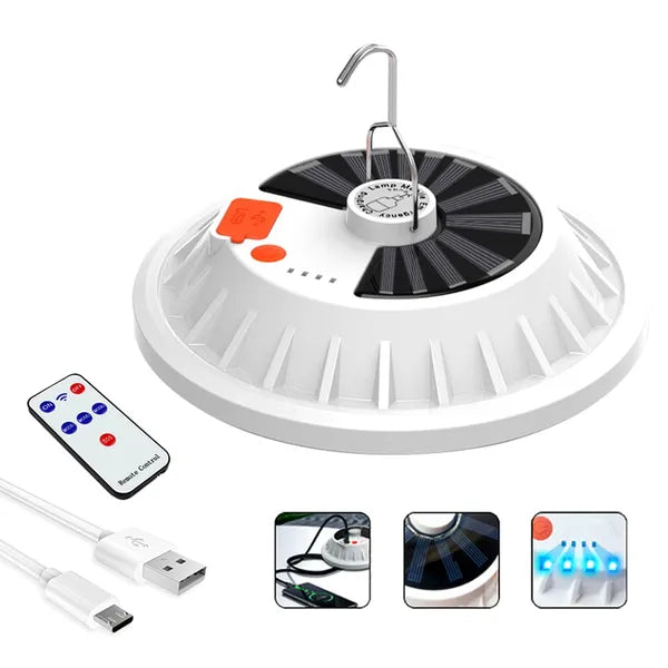 Solar kempinglámpa 60 LED-del, akkus, USB power bank, IP65, távirányítóval