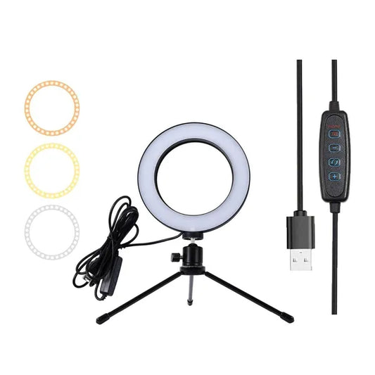 16 cm-es USB LED gyűrűs selfie lámpa, tripod állvány, 3 színhőmérséklet