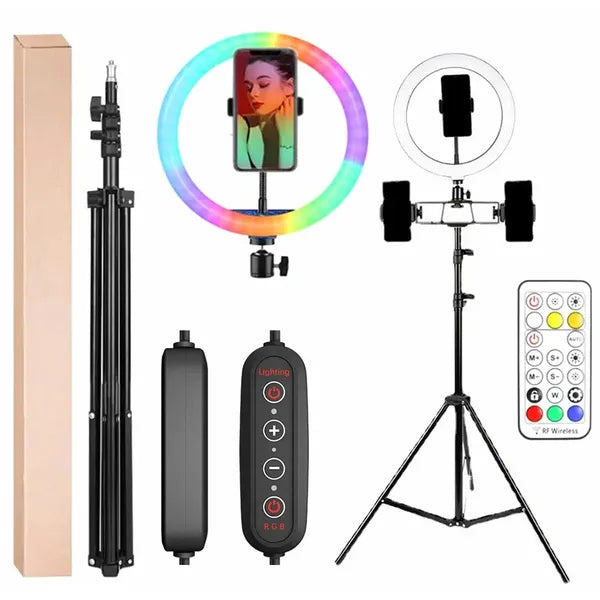 RGB LED gyűrűs szelfi lámpa 30 cm, állvány 210 cm, USB, telefonfogó