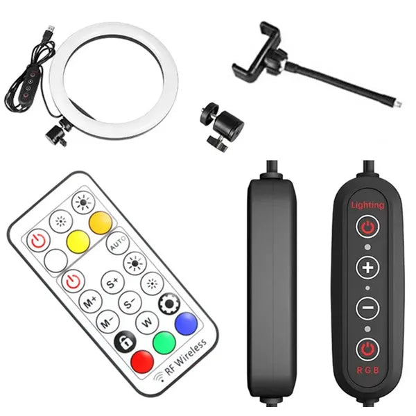 RGB LED gyűrűs szelfi lámpa 30 cm, állvány 210 cm, USB, telefonfogó