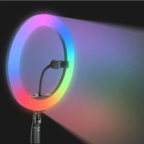 RGB LED gyűrűs szelfi lámpa 30 cm, állvány 210 cm, USB, telefonfogó
