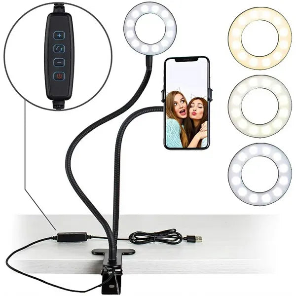 USB-s LED szelfi körlámpa 9 cm 5 W 3200–6000 K csíptetős állvány