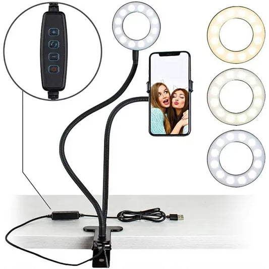 USB-s LED szelfi körlámpa 9 cm 5 W 3200–6000 K csíptetős állvány