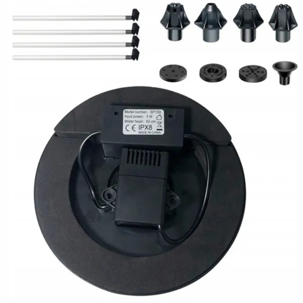 Napelemes kerti tószökőkút szivattyú RGB LED világítással, 150 L/h, 60 cm