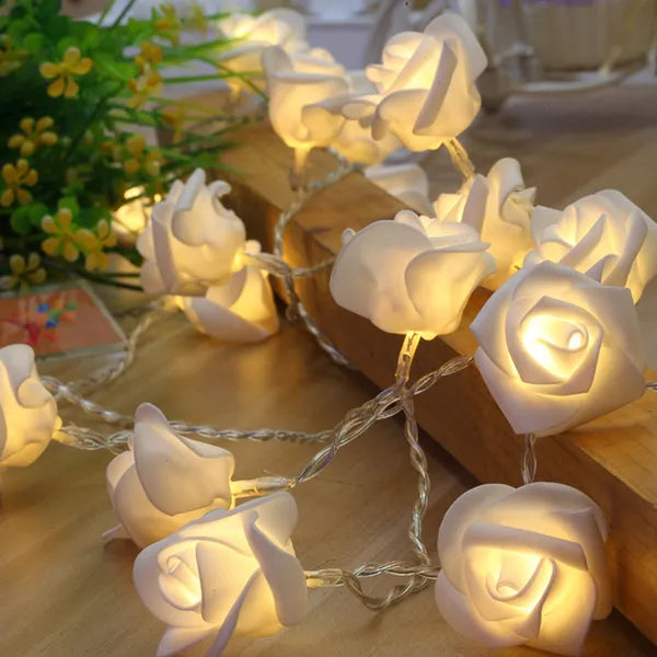 LED rózsa fényfüzér, 1,5 m, 10 meleg fehér LED, elemes