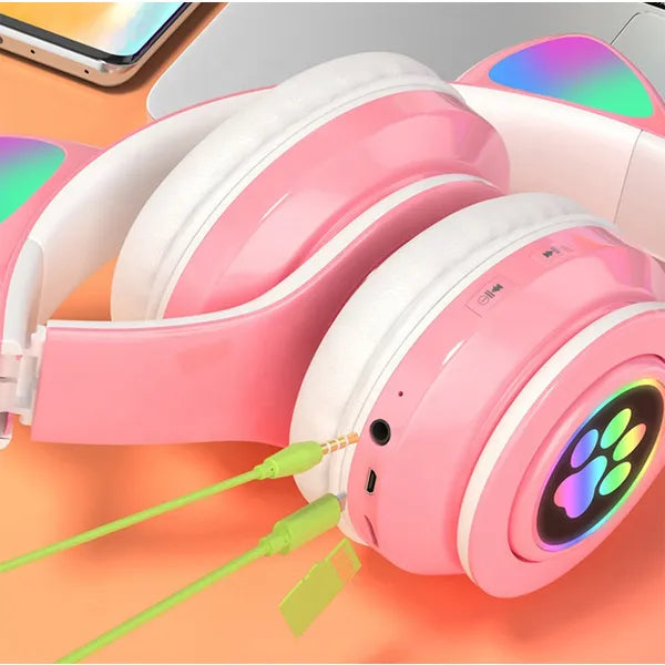 Gyerek bluetooth fejhallgató led macskafülekkel, fehér