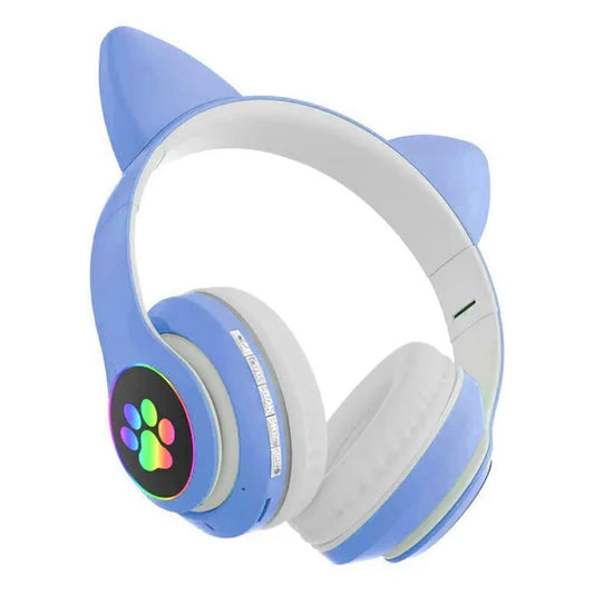 Kék Bluetooth 5.0 gyerek fejhallgató LED-es cica fülekkel, microSD, FM