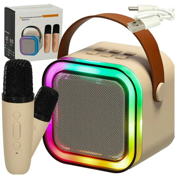 Karaoke szett 2 vez. mikrofonnal, hordozható Bluetooth RGB LED hangszóró, bézs