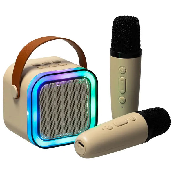 Karaoke szett 2 vez. mikrofonnal, hordozható Bluetooth RGB LED hangszóró, bézs