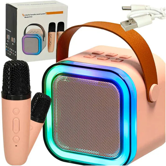 Rózsaszín karaoke szett 2 vezetéknélküli mikrofonnal és Bluetooth LED hangszóróval