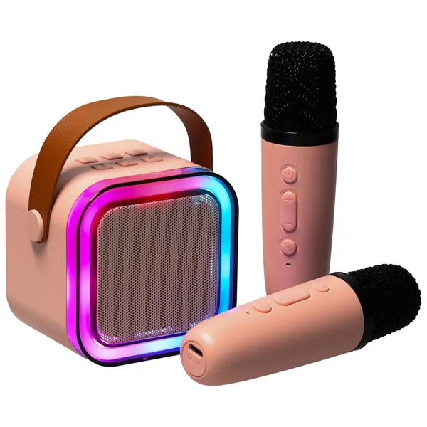 Rózsaszín karaoke szett 2 vezetéknélküli mikrofonnal és Bluetooth LED hangszóróval