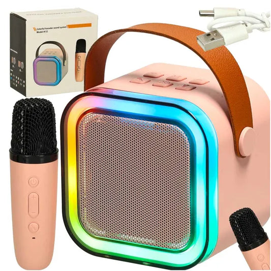 Rózsaszín karaoke szett bluetooth mikrofonnal és LED RGB hordozható hangszóróval