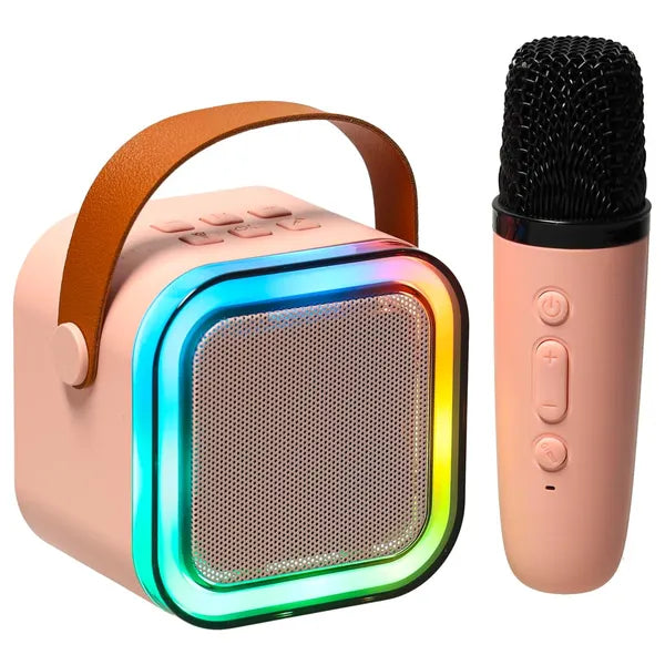 Rózsaszín karaoke szett bluetooth mikrofonnal és LED RGB hordozható hangszóróval