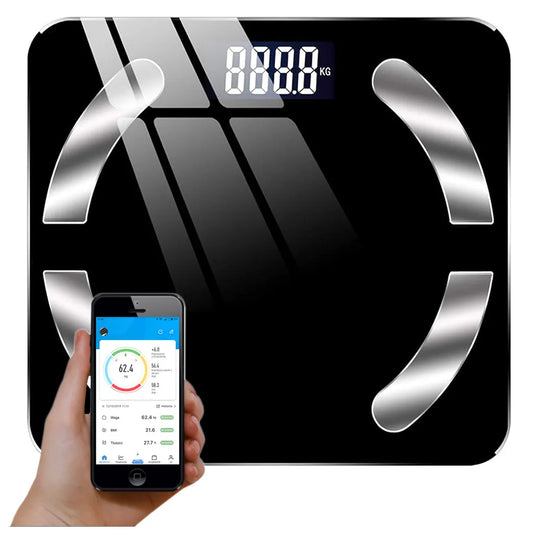 Intelligens fürdőszobai mérleg bluetooth kapcsolattal, letölthatő alkalmazással, 30cm x 26cm x 2.4cm, fekete