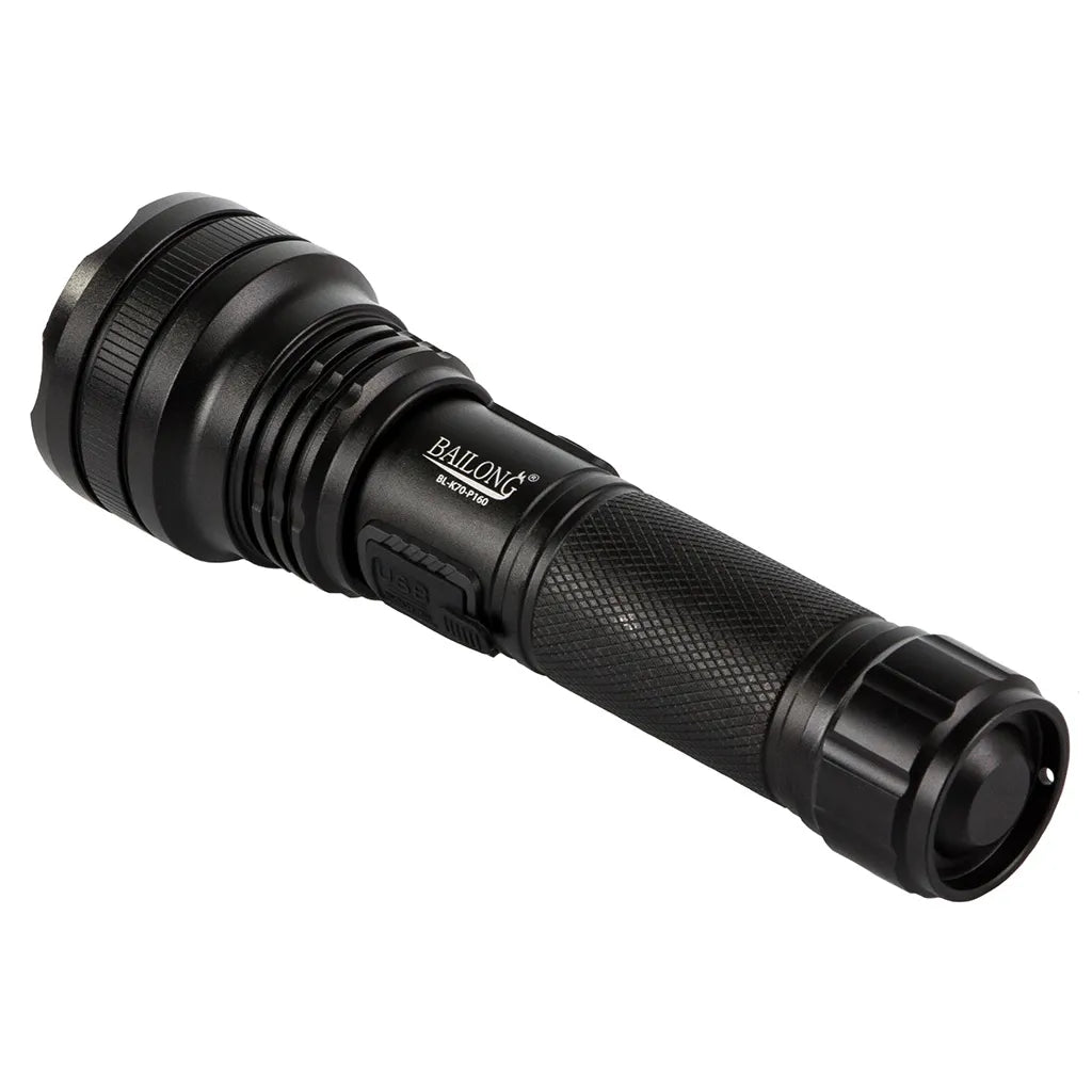Bailong taktikai zseblámpa újratölthető akkumulátorral, CREE XHP160 LED zoom funkcióval, fekete