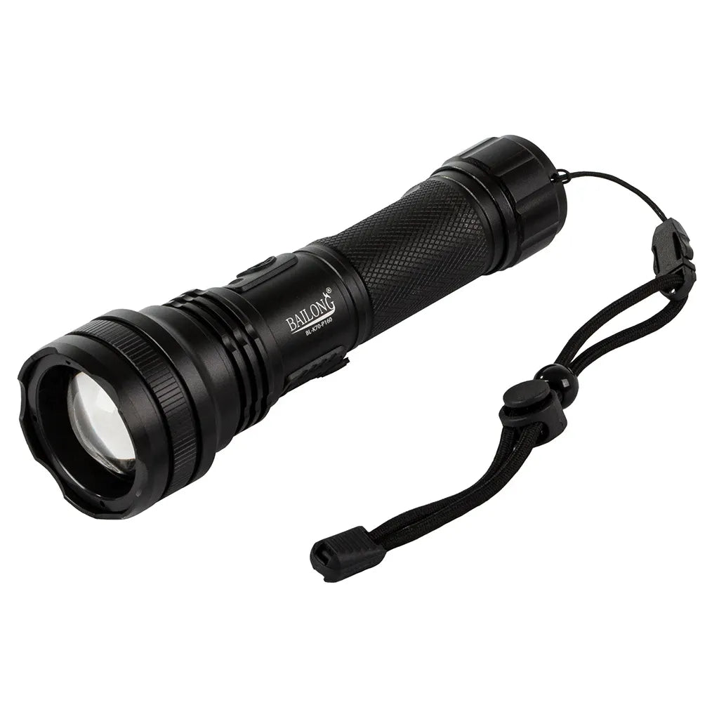 Bailong taktikai zseblámpa újratölthető akkumulátorral, CREE XHP160 LED zoom funkcióval, fekete