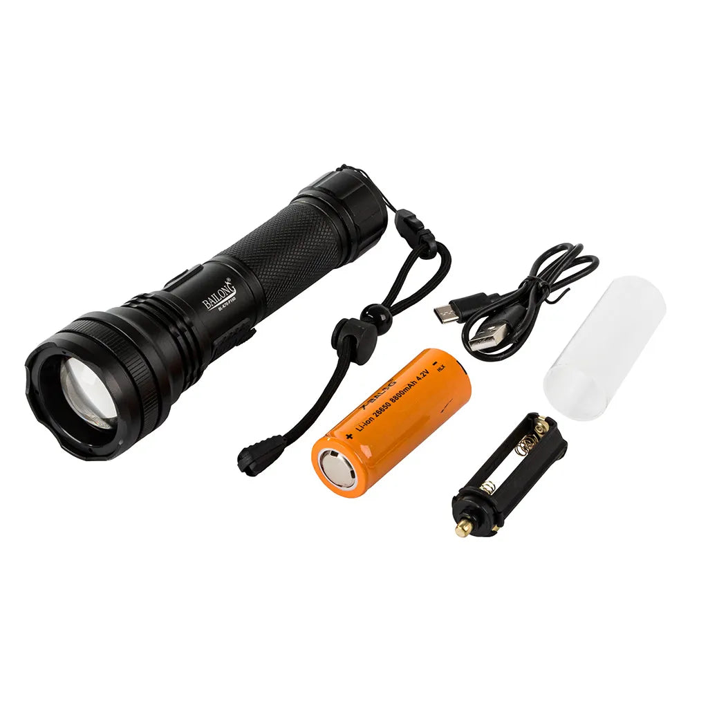 Bailong taktikai zseblámpa újratölthető akkumulátorral, CREE XHP160 LED zoom funkcióval, fekete