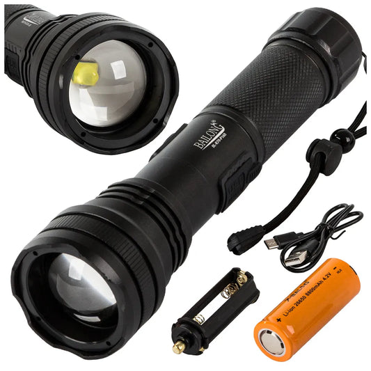 Bailong taktikai zseblámpa újratölthető akkumulátorral, CREE XHP160 LED zoom funkcióval, fekete