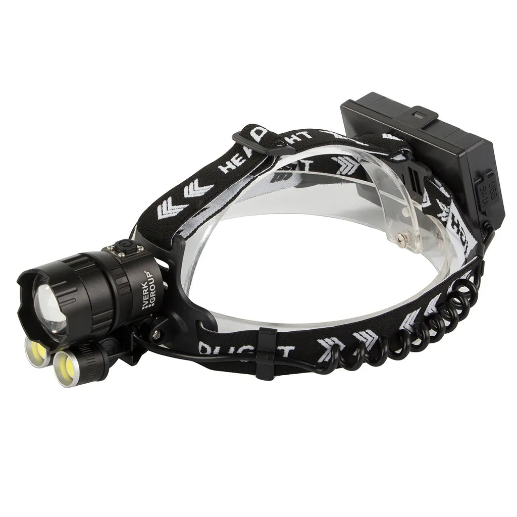 Fejlámpa CREE XHP160 ZOOM LED-del, 2 COB diódával, powerbank funkcióval, hátsó világítással, 4 fényüzemmód, fekete