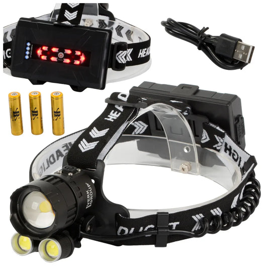 Fejlámpa CREE XHP160 ZOOM LED-del, 2 COB diódával, powerbank funkcióval, hátsó világítással, 4 fényüzemmód, fekete