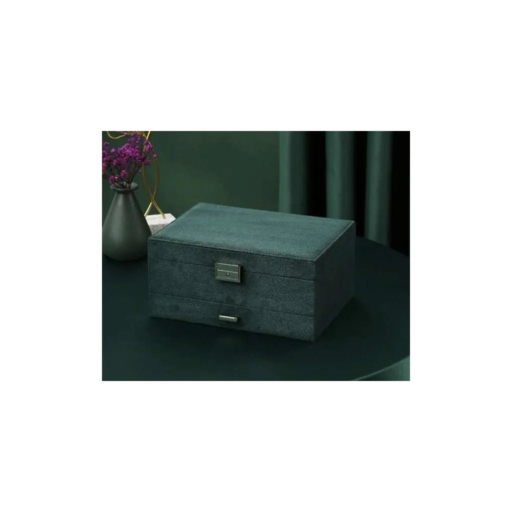 Elegáns ékszerdoboz kivehető fiókokkal, tágas tároló rekeszekkel, kulccsal zárható, 11 x 24.5 x 18 cm, zöld