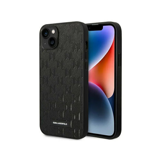 Eredeti iPhone 14 Plus Karl Lagerfeld Hardcase Saffiano Mono Metal logó (KLHCP14MSAKLPK) Fekete