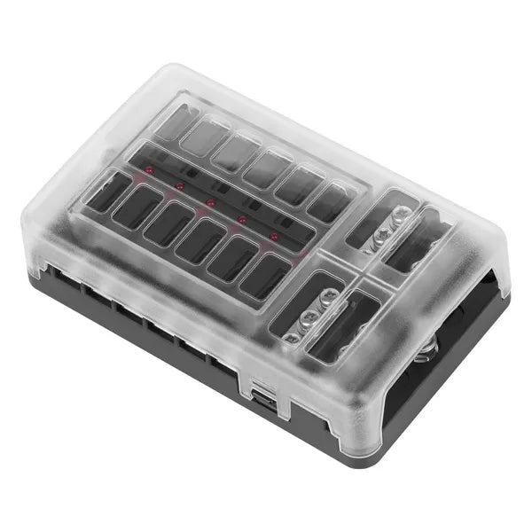 FB-12 12 áramkörös biztosítékdoboz negatív sínnel és LED-del, 32 V