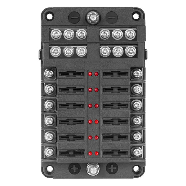 FB-12 12 áramkörös biztosítékdoboz negatív sínnel és LED-del, 32 V