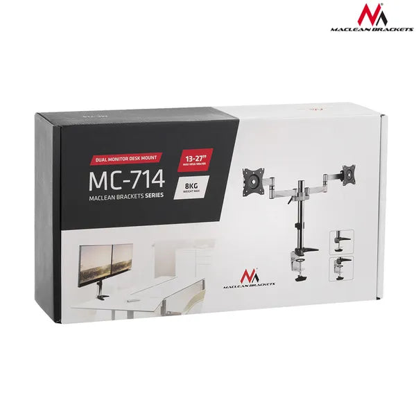 Alumínium asztali tartókar két 13–27″ monitorhoz, 2×8 kg, VESA 100×100