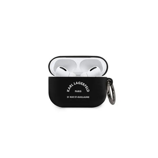 Karl Lagerfeld Rue St Guillaume fekete szilikon tok karabinerrel AirPods Pro-hoz
