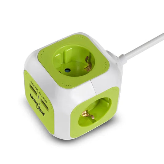 MagicCube 4 aljzat + 2 USB elosztó, 1,4 m kábel, Schuko, fehér-zöld