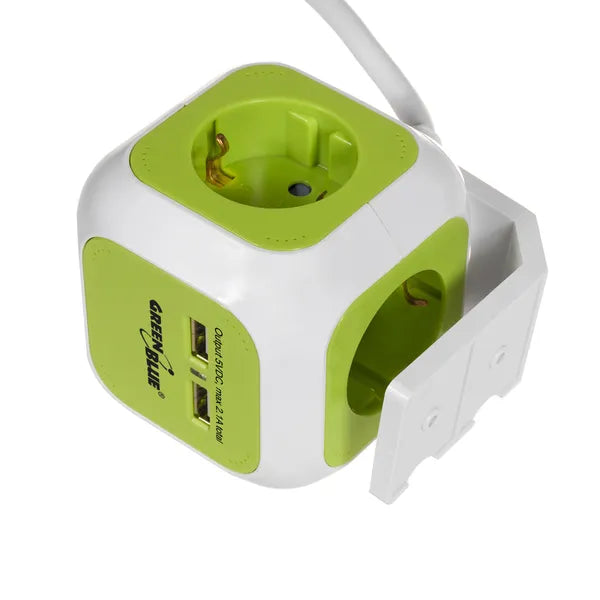 MagicCube 4 aljzat + 2 USB elosztó, 1,4 m kábel, Schuko, fehér-zöld