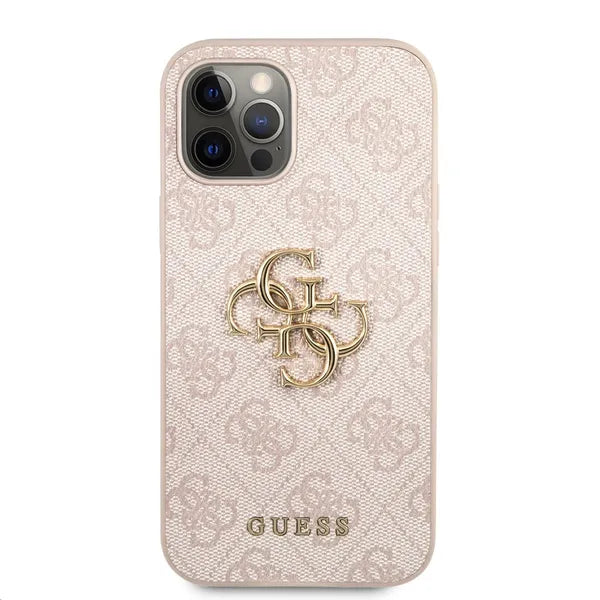 Rózsaszín Guess 4G fém logós PU bőr tok iPhone 12/12 Pro készülékhez