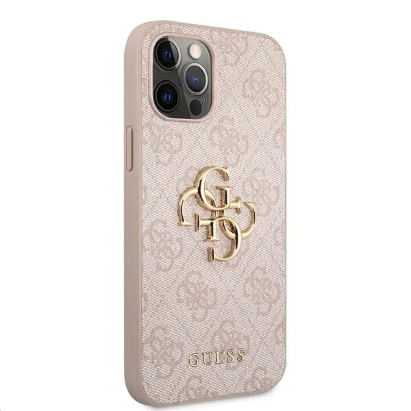 Rózsaszín Guess 4G fém logós PU bőr tok iPhone 12/12 Pro készülékhez