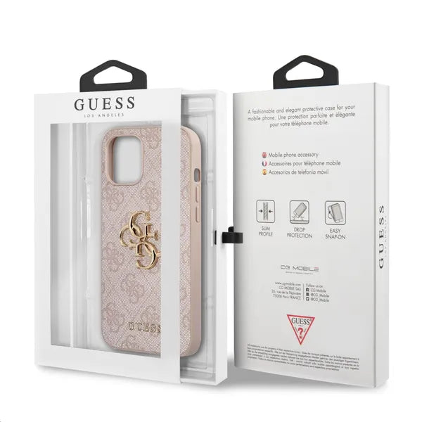 Rózsaszín Guess 4G fém logós PU bőr tok iPhone 12/12 Pro készülékhez