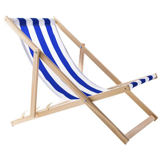 Összecsukható bükkfa strand nyugágy, kék-fehér csíkos, 3 fokozat, 120 kg