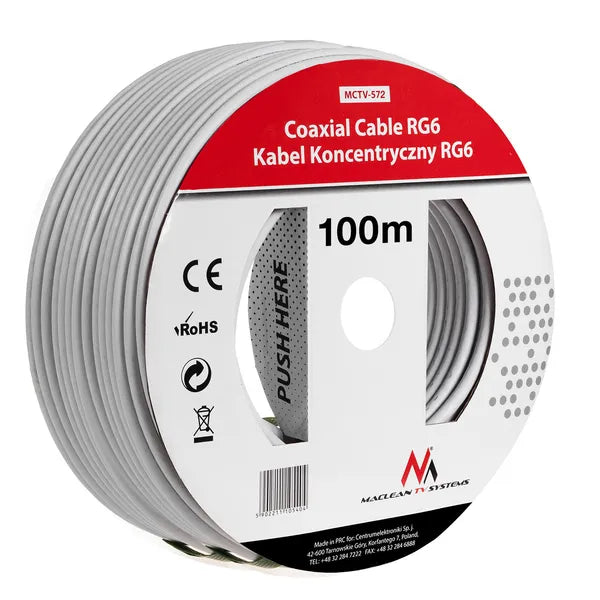 Koaxiális kábel RG6 1.0 CCS, 100 m, 75 Ohm, dupla árnyékolás SAT/TV